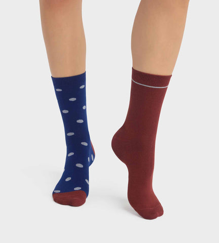 Lot de 2 paires de chaussettes femme à pois Bleu Rouge Dim Coton Style