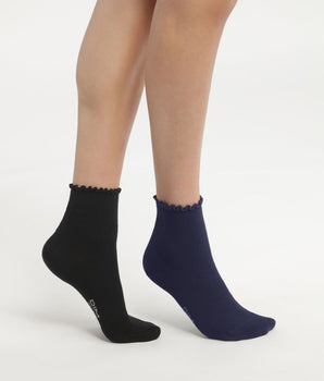 Lot de 2 paires de chaussettes femme à volants Noir Marine Dim Modal