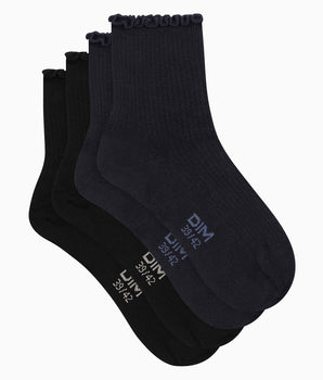 Lot de 2 paires de chaussettes femme à volants Noir Marine Dim Modal