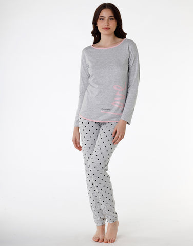 Pyjama long pour femme en jersey de coton, gris chiné