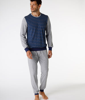 Pyjama long en jersey, rayé bleu et gris chiné