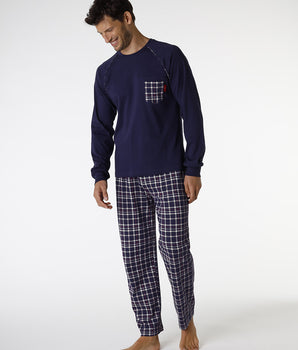 Pyjama coton Homme bleu marine et imprimé à carreaux