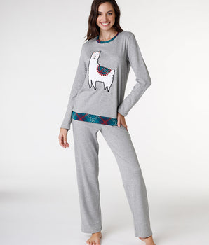 Pyjama long Femme en coton, gris chiné avec imprimé