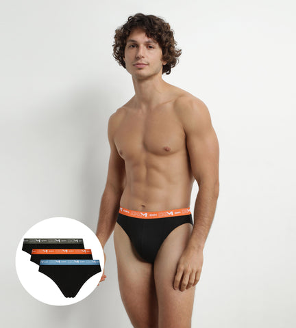 Lot de 3 slips homme Noir à ceinture Orange Vert Dim Coton Stretch - Masculin - Taille 3